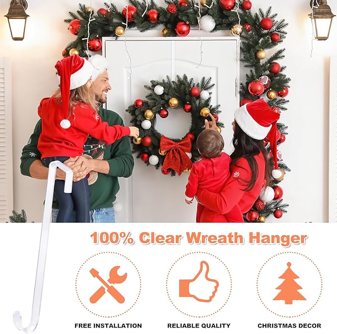 15" Clear Over The Door Wreath Hanger 2 Pack - Non-Scratch, Heavy Duty 10lb Door Hook for Front Decor, Christmas, Halloween & Year-Round Home Display - Invisible Acrylic Organizer