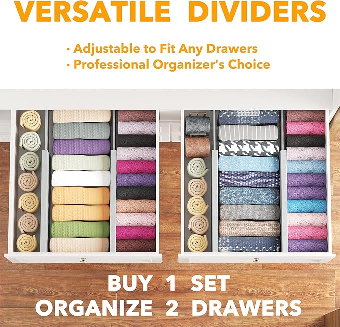 SpaceAid Bamboo 4 Pack Dresser Drawer Dividers, 4.65“ High Adjustable 12.5“-17” Drawer Organizers, Expandable Organization for Clothing, Clothes, Dressers, Gray