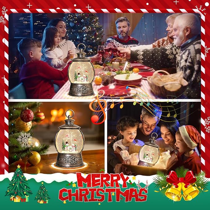 Christmas Cardinal Snow Globe 12.5In High, Snowman Musical Snow Globe Lantern Lights with 6 Hour Timer and Batteries Powered, Retro Style Holiday Glitter Globe for Xmas Home Decoration and Santa Gifts