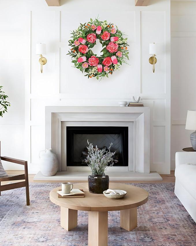 Vlorart 24 Inch Spring Summer Wreath Peony Wreath for Front Door with Pink Tulip, Eucalyptus Leaves, White Berries for Indoor Outdoor Wall Festival Home Farmhouse Wedding Decor