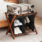 Luggage Rack for Guest Room, Folding Suitcase Stand with Fabric Storage Shelf, Upgraded Bamboo Luggage Holder, Steel Foldable Luggage Stand for Guest Room, Bedroom, Hotel, Walnut