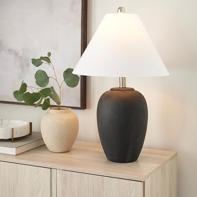 Nourison Home 23" Black Vintage Distressed Ceramic Pot Table Lamp for Bedroom, Living Room, End Table, with White Conical Empire Shade