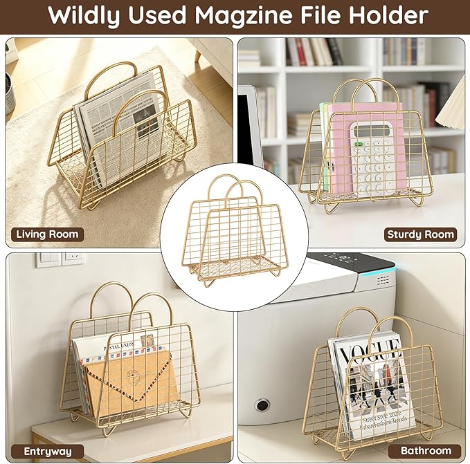 Gold Magazine Holder,Modern Magazine Rack Floor,Metal Wire Magazine Basket,Handbag Design Magazine Storage Organizer for Magazines File Book Newspaper Vinyl Record Albums