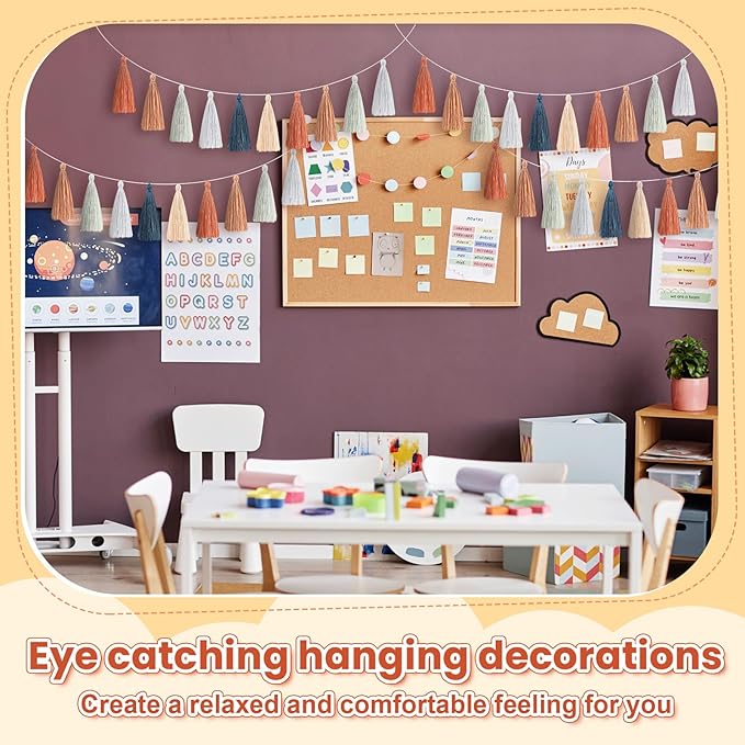 WILLBOND 4 Pieces Valentine's Day Tassel Garland for Classroom Wall Decor Boho Pastel Garland Cotton Tassel Banners for Party School(6.2 Inch,Brown Color)