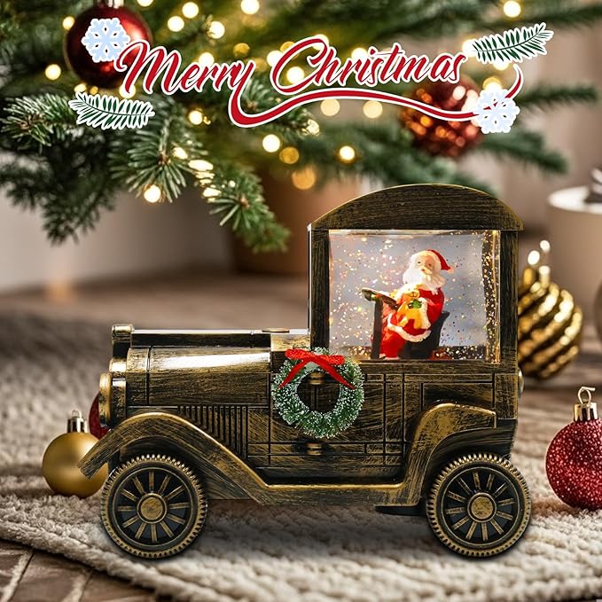 Christmas Snow Globe Lantern Truck Water Glittering Globe with Santa 8 Music Songs Christmas Snow Globes USB & Battery Operated for Christmas Festival Decorations Gifts (Truck-Santa)