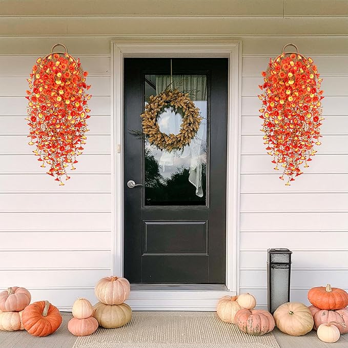 Artificial Fall Hanging Flowers for Decoration, 2pcs Long Vine Fake Flowers Plants Morning Glory, Realistic Faux Petunias for Planter Patio Porch Garden Autumn Outdoors Dec, Orange Sunset