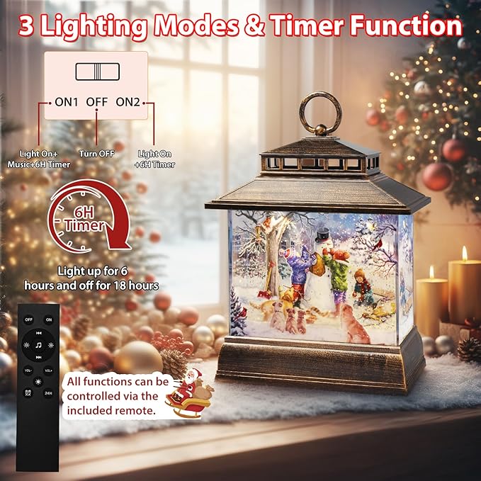 Christmas Snow Globe Lantern Water Glittering Lantern with 8 Songs & 6H Timer Romote Control Christmas Snow Globes USB & Battery Operated for Holiday Festival Decorations Gifts (Snowman and Children)