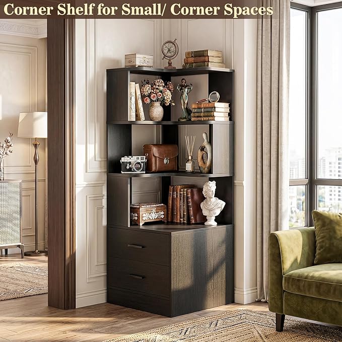 Armocity Corner Bookshelf with Drawers, 6 Tier Corner Book Shelf Display Bookcase, Freestanding L Shaped Bookshelf for Bedroom, Living Room, Home Office, Black