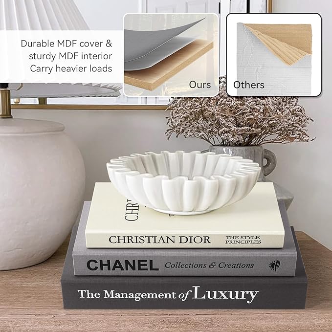1DOT2 Aesthetic Decorative Books -Set of 3 Minimalist Linen Hardcover Faux/Fake Books,Decorative books for Home Decor Living Room Decoration,Photo Storage or as a Keepsake Box(Black-gray-beige-luxury)