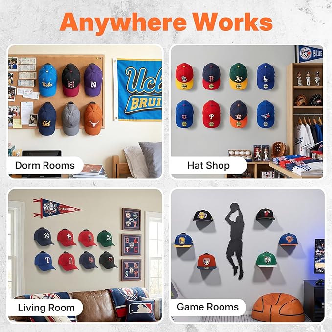 HOUSE DAY Adhesive Hat Hooks for Wall 32 Pack, Strong Hat Rack for Baseball Cap Display Organizer, Hats Holder for Wall, Door, Closet, No Drilling, Black