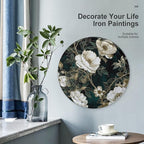 Wall Picture, with White Flowers Printed Circular Iron Hanging Picture,Wall Art Decor,Home for Bedroom Living Room Bathroom Decor,Iron Painting 11.8X11.8 in