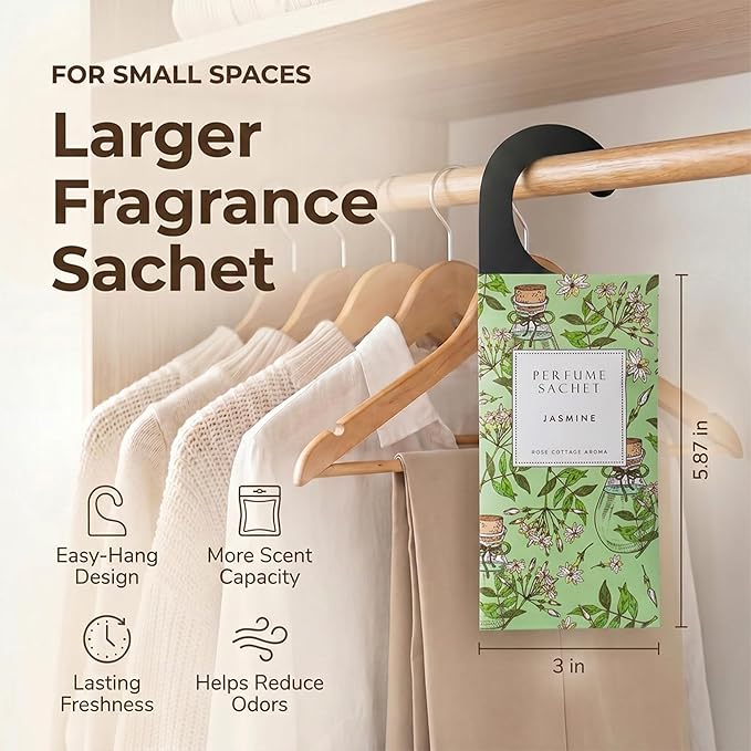 ROSE COTTAGE Large 12 Packs Jasmine Hanging Closet Deodorizer Air Freshener Long Lasting Scented Sachets Smell Goods for House
