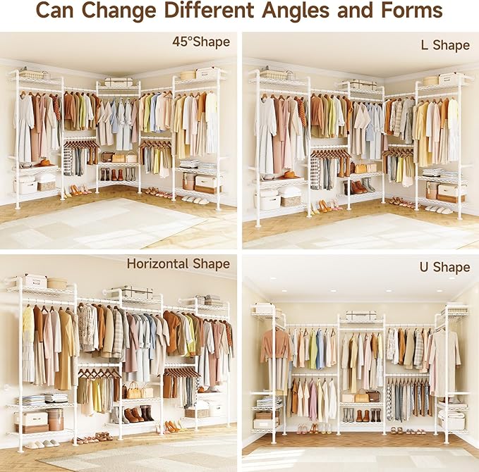 U5 Wall Mounted Closet System, Industrial Pipe Clothing Rack Garment Racks for Hanging Clothes, Heavy Duty Closet Organizers System in Wardrobe Closet, White