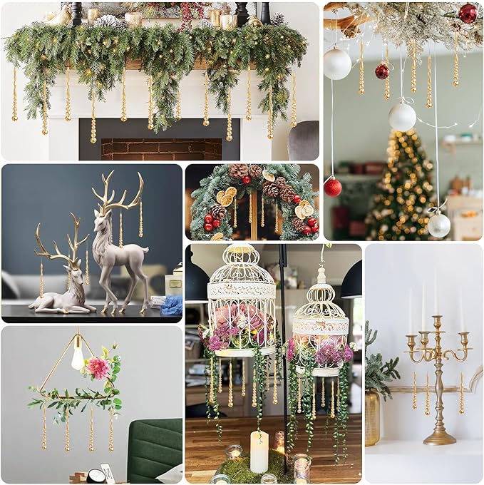 12pcs Crystal Icicle Christmas Tree Ornaments, Glass Beads Hanging Chandelier Pendants for Christmas Party Wedding Winter Decorations (Gold)