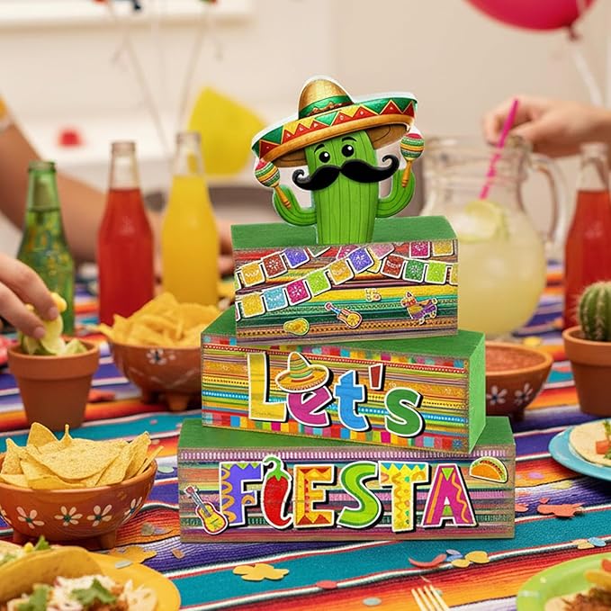 Yuntau 4 Pcs Mexican Fiesta Party Decorations Wooden Cinco De Mayo Tabletop Decor Lets Fiesta Tiered Tray Decor Rustic Wood Block Sign Gift Farmhouse Mexican Centerpieces Portable Shelf Home Office