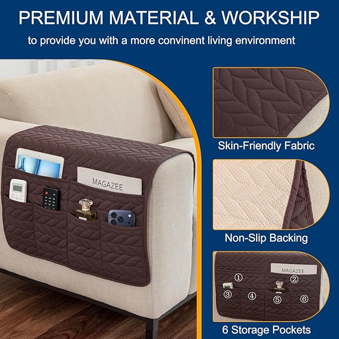 Remote Control Holder for Armchair, Couch Caddy Organizer TV Remote Holder for Recliner Couch With 6 Pockets, Non-Slip Arm Chair Caddy Bedside Table Organizer for Magazine, Tablet, Phone, iPad (Brown)