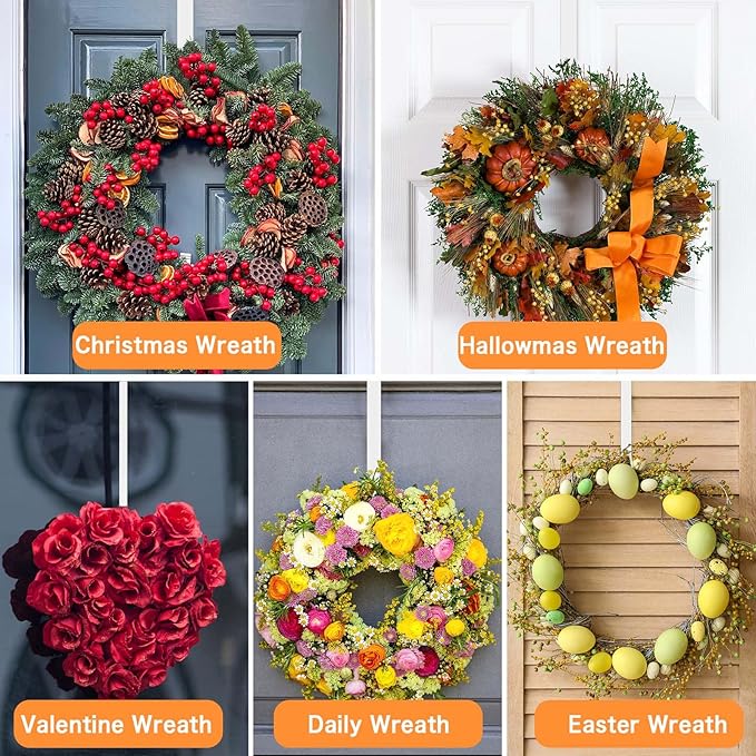 Dreecy 12” Wreath Hangers for Front Door, Christmas Wreath Hanger Holder, White Over The Door Wreath Hanger Hooks for Hnaging Christmas Front or Back Door Reef Decoration 2 Pack