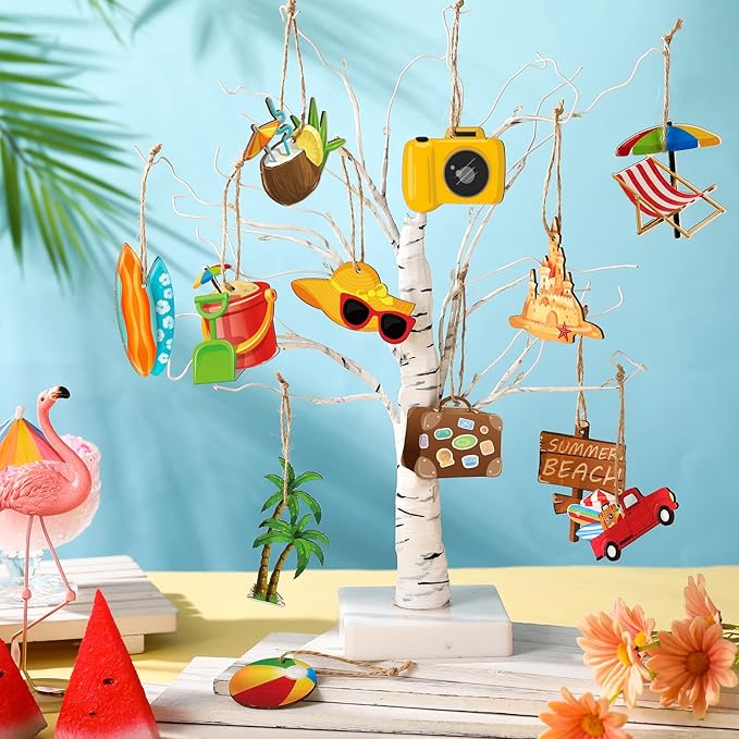 Geelin 36 Pcs Summer Wood Hanging Ornaments for Tree Mini Tree Decorations Hawaiian Beach Wooden Pendant Decorations with String for Luau Party Supplies(Beach)