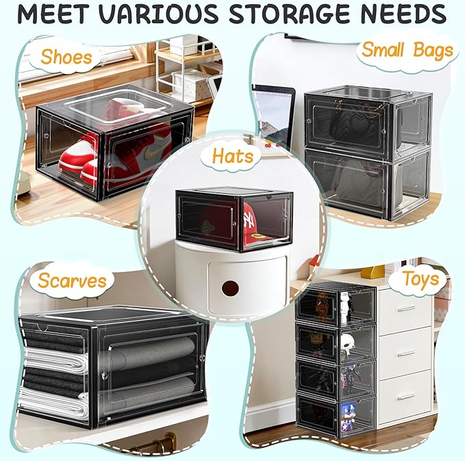 6 Pack Hat Organizer Box, Stackable Clear Baseball Caps Holder Box Containers with Magnetic Door for Hats Snapback Cap Storag, Hat Rack Display Case, Holds 8 Hats Each (Black)