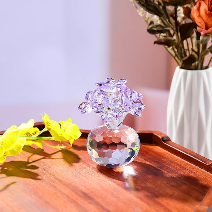 Qianwei Purple Crystal Flowers Figurine - Forget Me Not Gifts Sympathy Glass Flowers Collectible Figurines Decor Paperweight Ornament Home Office Table Desk Decorations