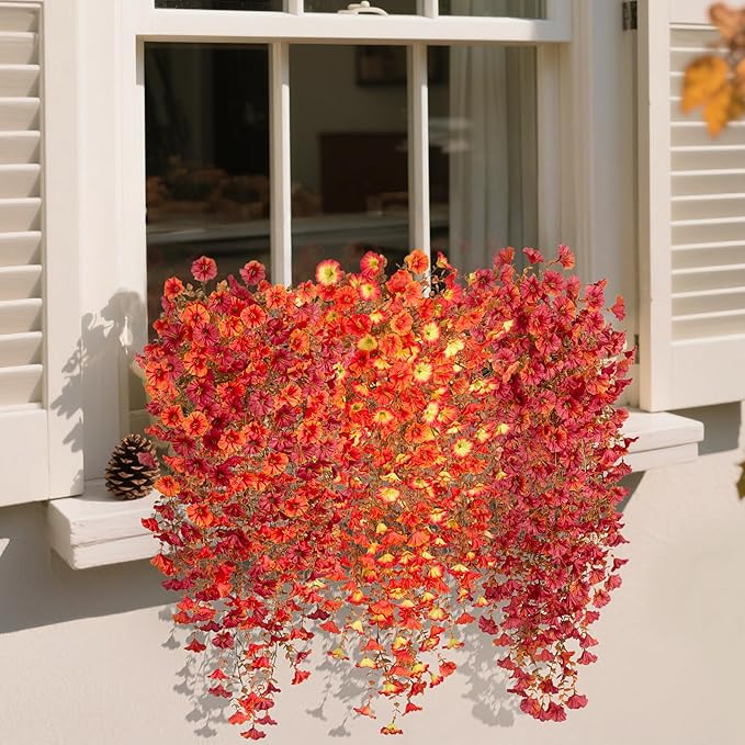 Artificial Fall Hanging Flowers for Decoration, 2pcs Long Vine Fake Flowers Plants Morning Glory, Realistic Faux Petunias for Planter Patio Porch Garden Autumn Outdoors Dec, Orange Sunset