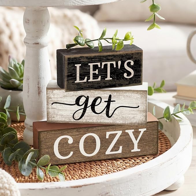 Moucuny 4 Pcs Farmhouse Table Decor Inspirational Wooden Signs Rustic Eucalyptus Leaves Wooden Block Sign Gift Let's Get Cozy Farmhouse Table Centerpiece for Living Room Housewarming Gift