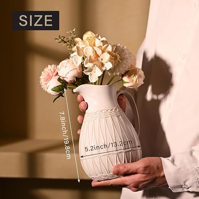 VICTOR & TERESA Small White Ceramic Pitcher Vase for Home Decor, 8'' Decorative Jug Vases Gift for Her, Farmhouse Distressed Vases for Flowers, Pampas Grass, Table Centerpieces, Kitchen, Mantel
