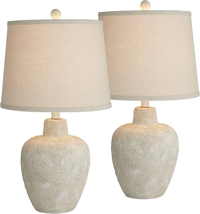 360 Lighting Romeo 23 1/2" High Jar Small Farmhouse Rustic Natural Cottage Coastal Accent Table Lamps Set of 2 Beige Distressed Earth Tone Finish Shade Living Room Bedroom Bedside Nightstand