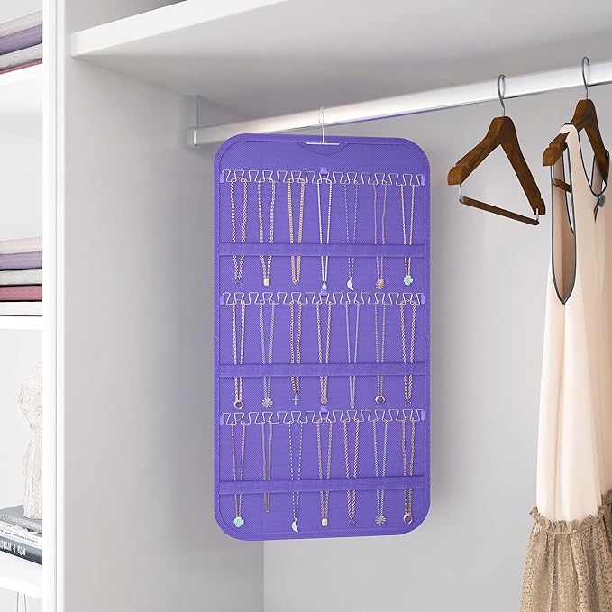 Hanging Jewelry Organizer Storage, 40 Pockets 36 Hooks Necklace Earring Necklace Bracelet Ring Organizer, Double - Sided Design, Purple