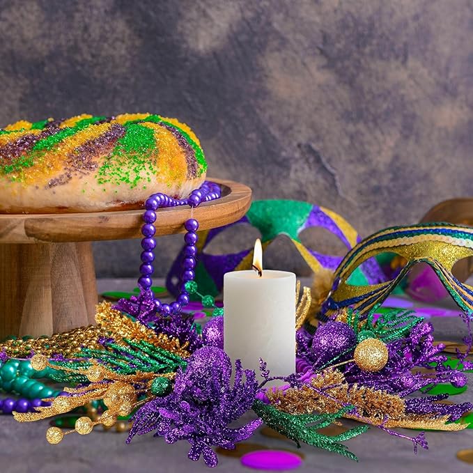 6 PCS Mardi Gras Purple and Green Glitter Mini Cabinet Wreaths for Front Door Carnival Party Decor Wreath Mardi Gras Hanging Garlands Candle Rings for Front Door Home Window Chair Wall Indoor Outdoor