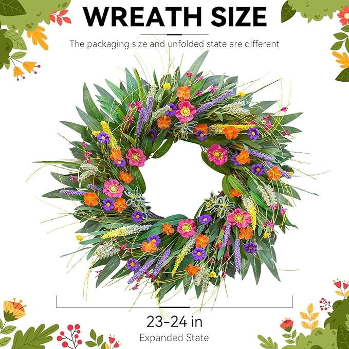 Spring Wreaths for Front Door 24 Inch - Outdoor Spring Summer Wreath with Wildflower and Green Leaves,Front Door Wreath for Farmhouse Home Porch Wall Decor