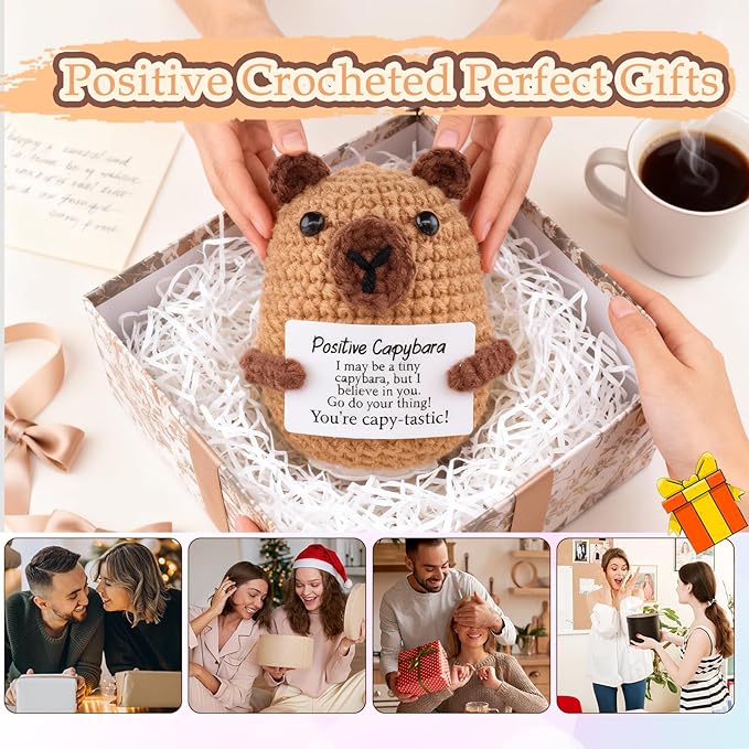 Emotional Support Capybara Positive Crochet Plush with Positive Messages for Adult Women Cute Pickle Office Decor Birthday Gifts for Best Friends (Capybara)