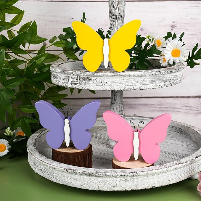 3Pcs Spring Butterfly Decorations for Home, Rustic Wooden Butterfly Decorative Accessories Spring Table Centerpiece Tiered Tray Decor
