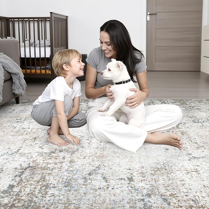 Washable Area Rug 3x5 Entryway Rug: Washable Modern Abstract Soft Thin Rug Indoor Floor No Slip Stain Resistant Carpet for Bedroom Dining Room Farmhouse Nursery Home Office - Brown Grey