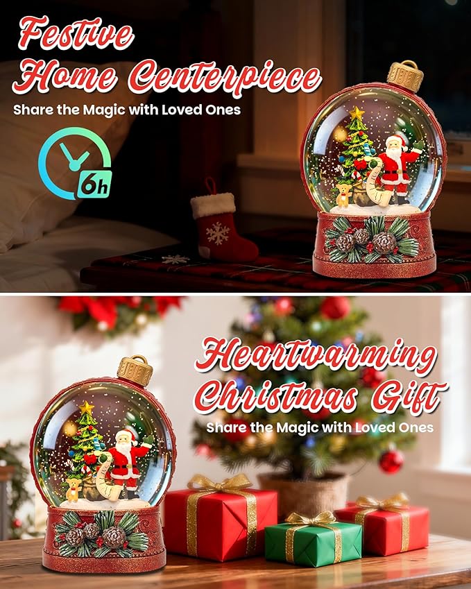 Christmas Santa Snow Globe Light up Lantern with 8 Songs, 6.69" Red Christmas Snow Globes for Kids Adults, 6H Timer & Dual Power, Snowglobes Christmas Decorations Indoor, Gifts for Women Men