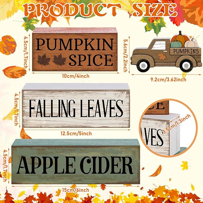 Lineshading 4 Pcs Fall Table Decoration for Home Fall Truck Decor Thanksgiving Tiered Tray Decor Rutic Thanksgiving Centerpiece Pumpkin Truck Block Signs Gift Farmhouse Autumn Decoration for Home