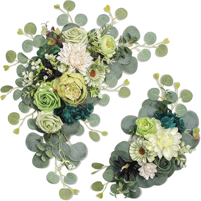 Odouzy Artificial Wedding Arch Flowers for Wedding Sign,Set of 2 for Wedding Welcome Ceremony Sign,Faux Floral Swags,Wedding, Banquet and Reception Backdrop Floral Decoration (Dark Green)