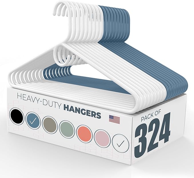 Neaties Heavy Duty Clothes Hangers 100+ Pack (324 Count) – Made in the USA – 8lb Capacity Plastic Hangers for Adult Clothing – Durable for Pants, Coats, Jackets, or Jeans – White & Blue