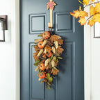 Glitzhome Decorative Teardrop Swag for Front Door, Artificial Wall Swags with Leaf & Pumpkins & Pine Cones & Berries for Home Porch Wall Window Halloween Thanksgiving Indoor Outdoor Decor
