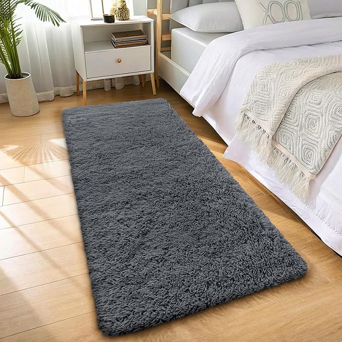 OLANLY 2x7 Machine Washable Runner Rugs for Hallway, Soft Fluffy Shaggy Bedside Rugs for Bedroom, Living Room, Indoor Floor Carpet for Kids Girls and Boys, Nursery Rooms, Home Decor Aesthetic, Grey