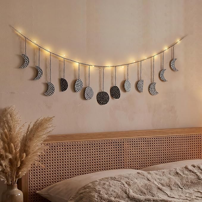 opulinea Boho Moon Phase Wall Hanging, Black Gunmetal Hammered Metal LED Celestial Garland for Bedroom Witchy Home Christmas Decor