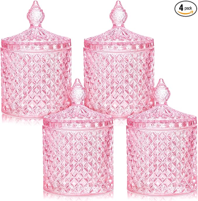 Aoriher 4 Pcs Crystal Glass Candy Jar Set with Lids Home Decorative Storage Jars for Apothecary, Bathroom, Kitchen, and Pantry, Ideal for Cotton Swabs and Jewelry(Medium,Pink)