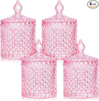 Aoriher 4 Pcs Crystal Glass Candy Jar Set with Lids Home Decorative Storage Jars for Apothecary, Bathroom, Kitchen, and Pantry, Ideal for Cotton Swabs and Jewelry(Medium,Pink)
