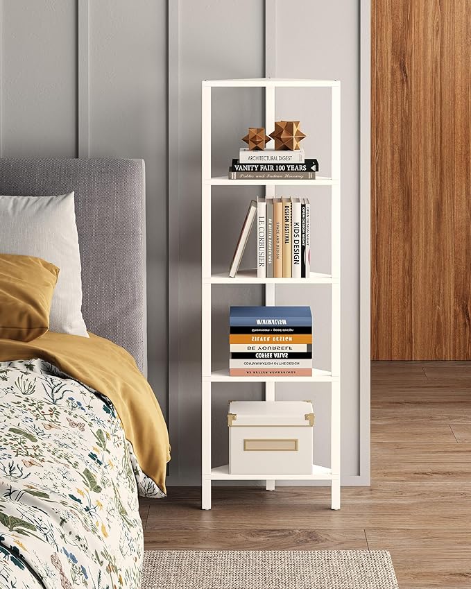 TUTOTAK Corner Shelf, 5-Tier Corner Bookshelf for Small Space, Narrow Display Corner Shelf Stand with Storage Rack, for Living Room, Bedroom, White BS05BW005