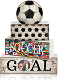 Moucuny 4 Pcs Soccer Table Decor Wooden Sport Tiered Tray Decor National Flags Table Centerpiece Decorative Classic Soccer Block Signs Gift Farmhouse Sports Decoration for Home Kitchen Shelf