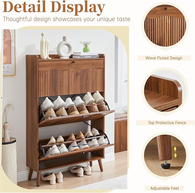 BERRYMERRY Shoe Storage Cabinet for Entryway with 3 Flip Drawers, 51.2” Tall Narrow Shoe Organizer with Wave Panel, Freestanding Wood Hidden Shoe Cabinet for Hallway