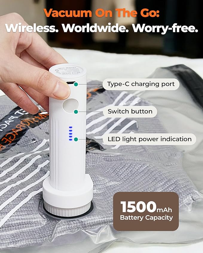 BAGSMART Rechargeable Wireless Pump Travel Storage Bags Set, Portable Space Saver Bags for Travel & Home, Vacuum Compression Seal Bag for Clothing- 15 combo bags
