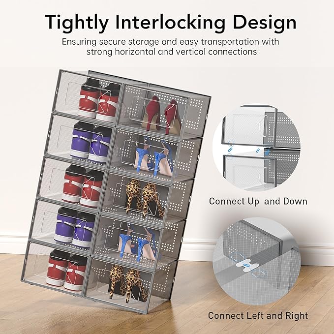 X-Large Shoe Storage Box, 15 Pack Clear Plastic Stackable Shoe Organizer for Closet, Interlocking Design Shoe Container Bins for Sneakers, Foldable Shoe Rack with Lids, Gray