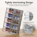 X-Large Shoe Storage Box, 15 Pack Clear Plastic Stackable Shoe Organizer for Closet, Interlocking Design Shoe Container Bins for Sneakers, Foldable Shoe Rack with Lids, Gray