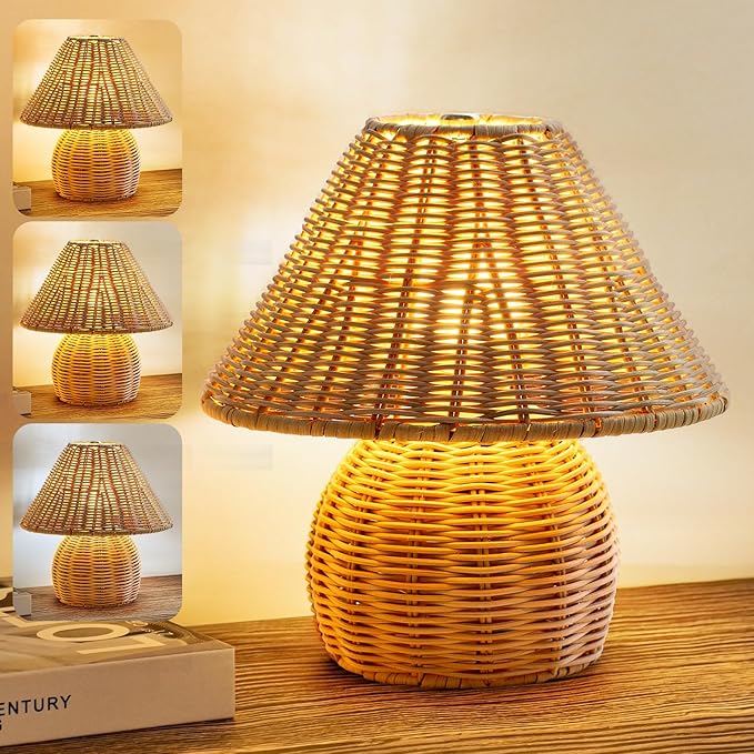 WERFOP Bamboo Table Lamp Handmade Boho Rattan Bedside Lamp,3 Colors Adjustable Vintage Wicker Wooden Nightstand Lamp with E26 Bulb for Bedroom Living Room Desk Entrance